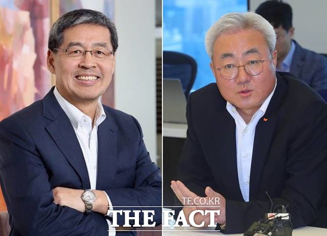 LG화학과 SK이노베이션이 전기차 배터리 소송전을 이어가는 가운데 이르면 두 회사의 최고 경영진이 추석 직후 회동할 전망이다. 사진은 신학철(왼쪽) LG화학 부회장과 김준 SK이노베이션 사장의 모습. /LG화학 제공·뉴시스