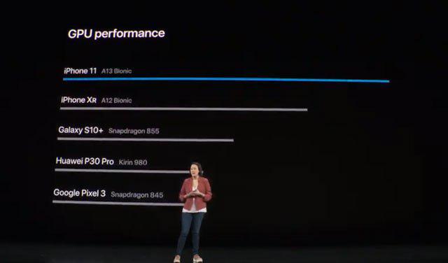 애플은 지난 11일 열린 신제품 공개 행사에서 아이폰11 시리즈를 소개하면서 삼성전자 갤럭시S10 플러스를 포함해 다른 제조사의 주력 제품이 성능 면에서 떨어진다고 지적해 논란을 빚고 있다. /애플 영상 캡처