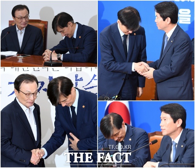 조국 법무부 장관이 17일 오전 서울 여의도 국회를 찾아 취임 인사를 위해 더불어민주당 이해찬 대표와 이인영 원내대표를 예방하고 있다. /이새롬 기자