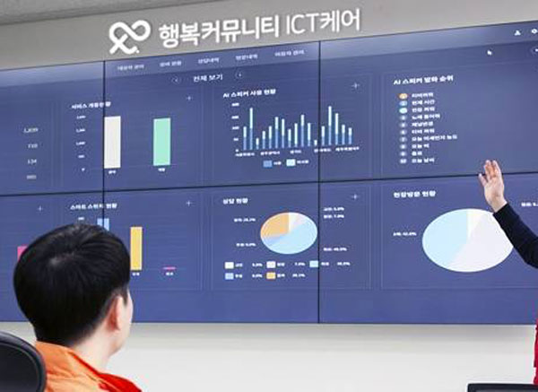 SK텔레콤은 UN총회를 계기로 한국과 덴마크, P4G 등이 뉴욕에서 공동 주최한 지속가능성을 함께 달성하기 위한 실천’ 행사에 참석해 행복 커뮤니티 인공지능 돌봄 서비스 등을 설명했다고 24일 밝혔다. 사진은 행복 커뮤니티 ICT 케어를 통해 어르신들의 인공지능 스피커 사용 패턴이 분석되고 있는 모습. /SK텔레콤 제공