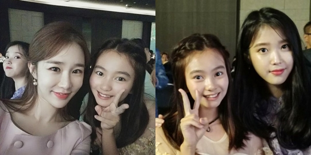 배우 갈소원은 결혼식장에서 만난 유인나, 아이유와 함께 다정하게 사진을 찍었다. /갈소원 어머니 인스타그램