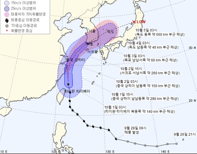 기상청은 제18호 태풍 미탁이 오는 2일 밤 제주도를 지나 개천절인 3일 저남 해안에 상륙할 것으로 전망했다. 태풍 미탁의 이동 경로. /기상청 제공