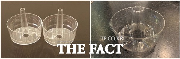 왼쪽이 A씨가 개발해 특허를 낸 컵 용기 제품이며 오른쪽이 쥬씨가 사용하고 있는 하프컵스 제작 제품이다. /A씨 제공, 이민주 기자