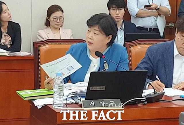 서영교 더불어민주당 의원이 4일 국회에서 열린 교육위원회 국정감사에서 최성해 동양대 총장의 학력 위조 의혹을 제기했다. 서 의원이 이날 국정감사장에서 질의하는 모습. /이원석 기자