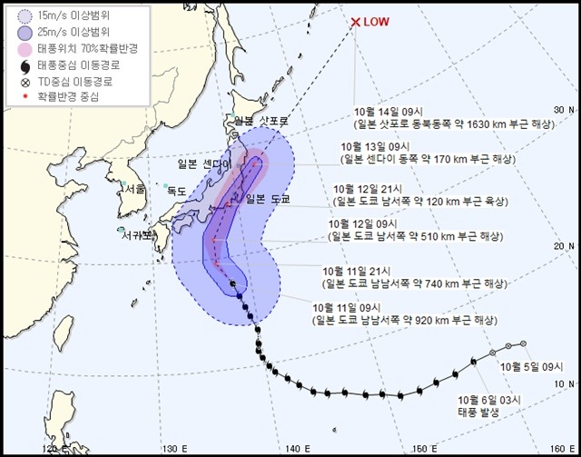 제19호 태풍 하기비스가 주말 동안 일본을 관통할 전망이다. 우리나라는 태풍의 영향으로 강풍 특보가 내려질 것으로 예측된다. / 기상청 홈페이지 캡처