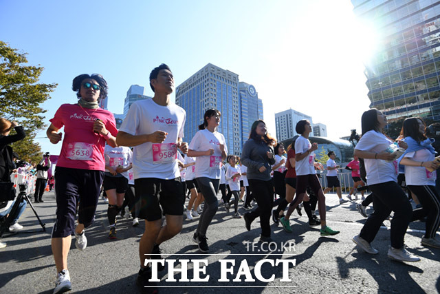 2019 핑크런 서울대회가 13일 오전 서울 영등포구 여의도공원에서 열려 참가자들이 코스를 따라 달리고 있다. /임세준 기자