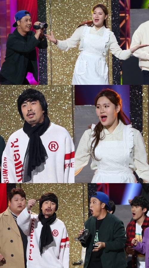 개그콘서트의 누가 죄인인가 코너에서 고등어조림에서 나온 머리카락을 두고 기상천외한 가창 대결을 펼친다. /KBS 제공
