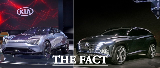 현대차와 기아차는 각각 2019 LA 오토쇼와 제2회 중국 국제 수입박람회에서 PHEV 기반 SUV 콘셉트 비전 T와 EV 쿠페형 SUV 콘셉트카 퓨처론(왼쪽)을 세계 최초로 공개했다. /현대기아차 제공