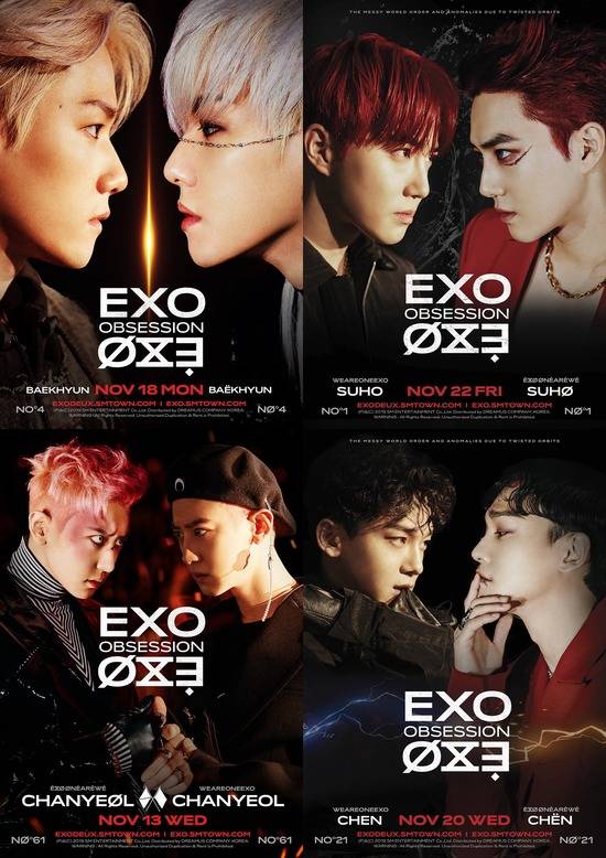 엑소(왼쪽 위부터 시계방향으로 백현 수호 첸 찬열)가 엑소와 X-엑소의 대결을 콘셉트로 세계관을 확장했다. /SM엔터 제공