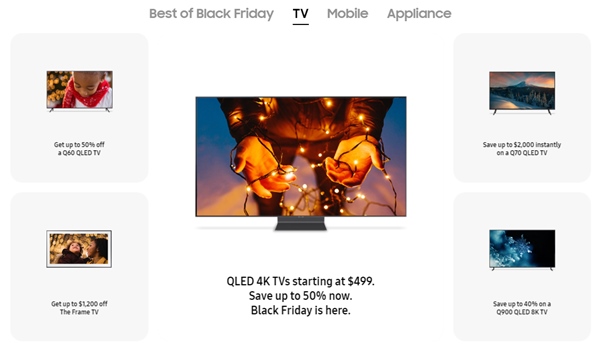 삼성전자와 LG전자가 블랙프라이데이를 맞아 TV 할인에 돌입했다. /삼성전자 홈페이지 갈무리