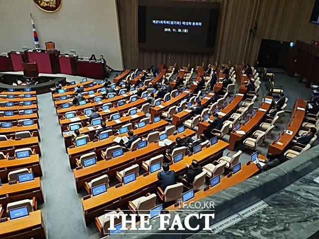 자유한국당이 지난달 29일 민생법안 처리를 위한 국회 본회의에 앞서 전체 안건에 대한 필리버스터를 신청하면서 본회의가 파행됐다. 다른 정당들은 한국당의 행태를 규탄하며, 필리버스터 저지를 위해 본회의에 불참했다. 이날 오후 국회 본회의장에 한국당 의원들 일부만 착석해 있는 모습. /국회=허주열 기자