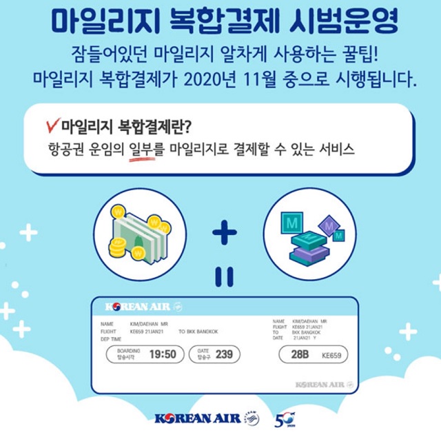 대한항공이 오는 2020년 11월 중으로 유류할증료와 세금을 제외한 항공 운임의 20% 이내의 금액을 원하는 만큼의 마일리지로 결제할 수 있는 마일리지 복합결제 시스템을 시범 도입한다고 13일 밝혔다. /스카이패스 제도 개편 안내 마이크로사이트