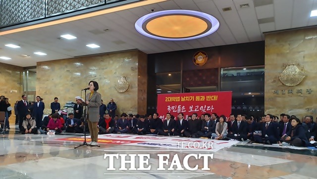 김현아 한국당 의원이 13일 오후 국회 본회의장 앞에서 본회의를 열지 않는 문희상 국회의장을 비판하는 발언을 하고 있다. 김 의원의 뒤에는 황교안 대표와 한국당 의원들이 앉아 있다. /허주열 기자