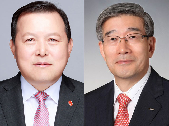 황각규 부회장(왼쪽)·송용덕 부회장 공동 대표 체제로 전환된 배경에 관심이 쏠리고 있다. /롯데그룹 제공