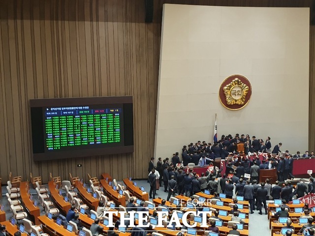 준연동형 비례제를 골자로 한 범여권연합의 공직선거법 일부개정안 수정안이 27일 오후 국회 본회의에서 찬성 156명, 반대 10명, 기권 1명으로 가결됐다. /국회=박숙현 기자