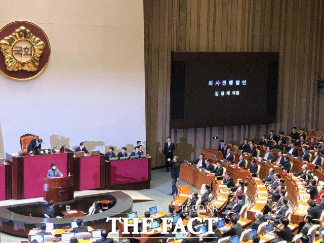 김정재 한국당 의원은 공수처법 표결에 앞서 의사진행발언에 나서 공수처법은 무기명 처리돼야 한다고 주장했다. /문혜현 기자