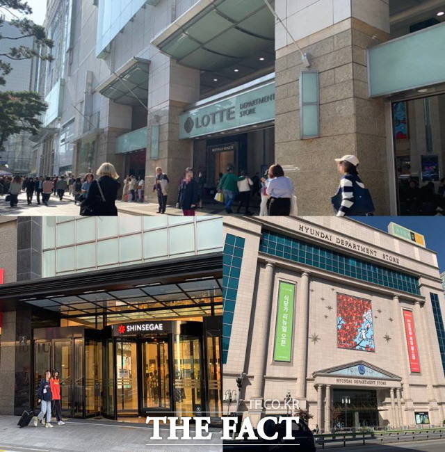 백화점 3사는 당분간 세일과 관련해 조심스러운 기조가 이어질 것으로 전망했다. 위쪽부터 시계방향으로 롯데백화점 본점, 현대백화점 미아점, 신세계백화점 본점. /한예주 기자