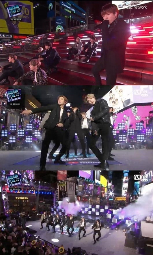 방탄소년단이 31일(현지 시각) 미국 뉴욕 타임스퀘어에서 열린 뉴 이어스 로킹 이브 무대에 올라 공연을 했다. /엠넷 방송캡처