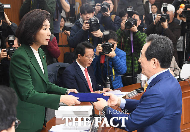 정세균 국무총리 후보자가 7일 오전 서울 여의도 국회에서 진행된 인사청문회에 참석해 선서를 마친 뒤 선서문을 나경원 위원장(왼쪽)에게 제출하고 있다. / 국회=배정한 기자