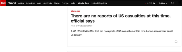 CNN이 8일 이란 혁명수비대가 미군 주둔지에 발사한 미사일에 미군 사상자는 없다고 밝혔다. 사진은 CNN 속보 내용. /CNN 캡처