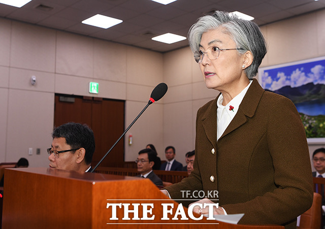 강경화 외교부 장관이 9일 오전 서울 여의도 국회에서 열린 외교통일위원회 전체회의에 출석해 현안 보고를 하고 있다. / 국회=배정한 기자