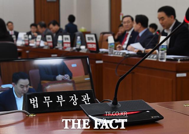 국회 법제사법위원회 전체회의가 10일 오전 서울 여의도 국회에서 열린 가운데 추미애 법무부 장관의 자리가 비어 있다. / 국회=배정한 기자