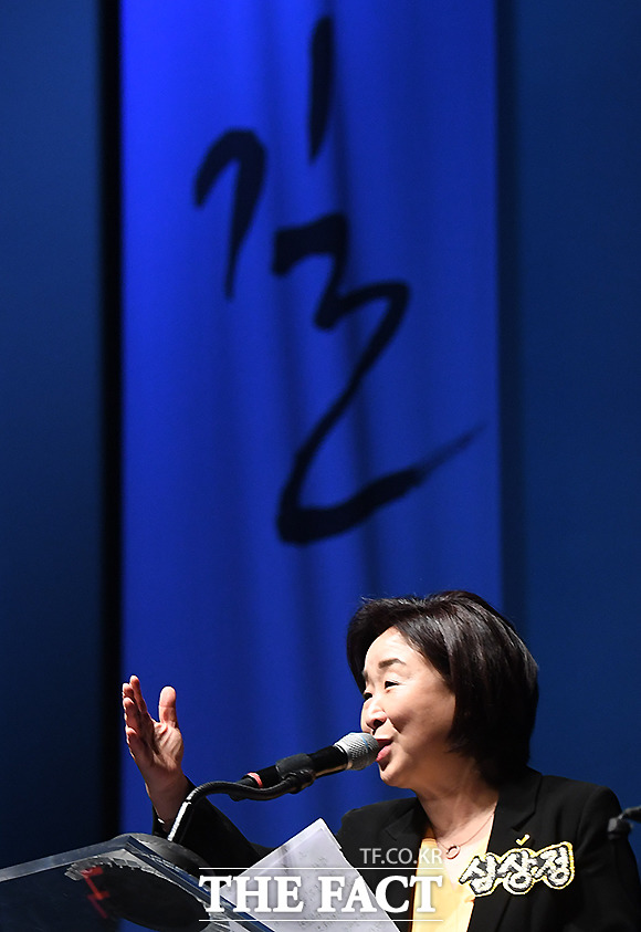 심상정 정의당 대표가 12일 오후 경기도 고양시 고양어울림누리 어울림극장에서 열린 국회의원 심상정 사진·연설문집 길 북 콘서트에서 책 소개를 하고 있다. /고양=이새롬 기자
