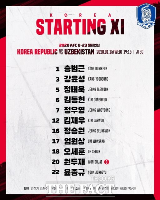 한국의 우즈베키스탄전 스타팅11./대한축구협회 제공