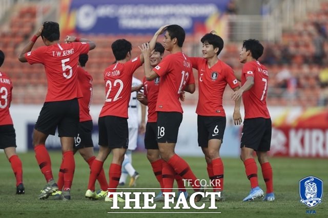 김학범 감독이 이끄는 한국 U-23대표팀이 15일 우즈베키스탄과 AFC U-23 챔피언십 겸 2020도쿄올림픽 최종예선 C조 3차전 전반 5분 정승원-오세운의 합작골로 선제골을 기록한 뒤 기뻐하고 있다./대한축구협회 제공
