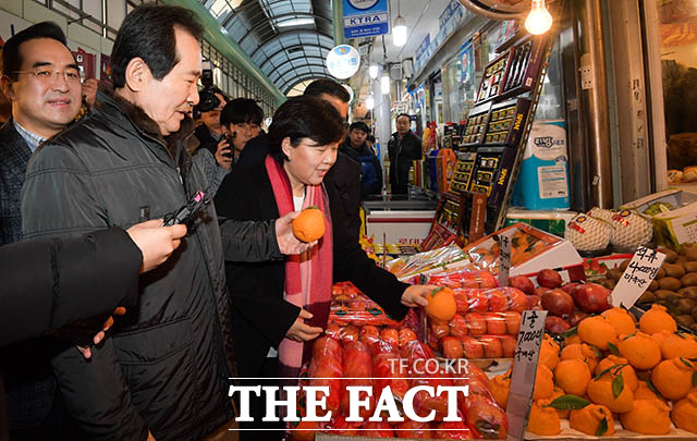 정세균 국무총리가 설 연휴를 일주일 앞둔 18일 오후 물가를 점검하기 위해 서울 중랑구 망우동 우림시장을 찾아 한 과일과게를 둘러보고 있다. /김세정 기자