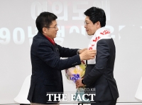 [TF포토] 김병민 교수에게 목도리 선물하는 황교안 대표