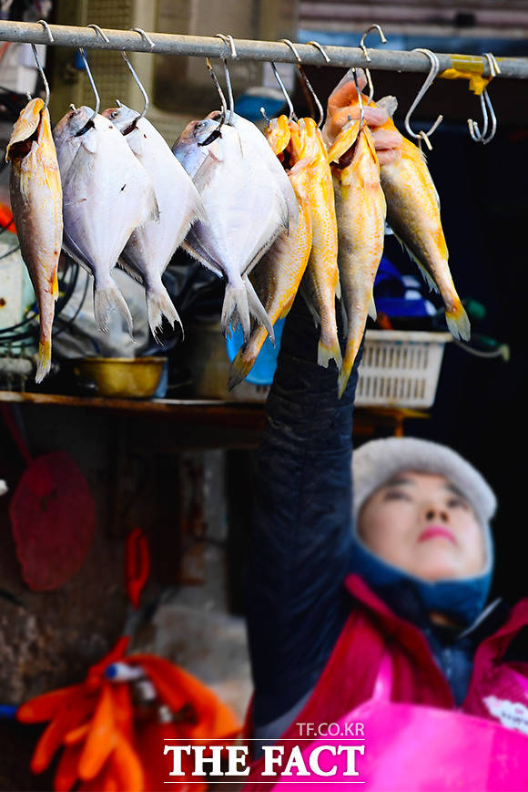 설 연휴를 나흘 앞둔 20일 오후 서울 중구 남대문시장에서 상인이 차례상에 올릴 생선을 말리고 있다. /이선화 기자