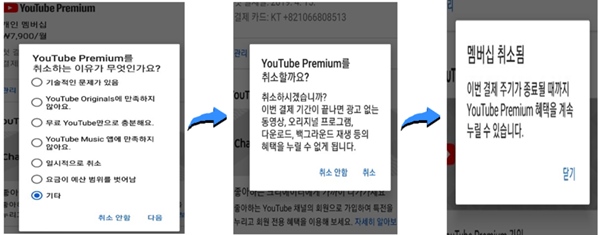 구글LLC는 이용자가 유튜브 프리미엄 서비스의 월단위 결제기간 중도에 이용자가 해지를 요청해도 즉시 처리하지 않았다. /방송통신위원회 제공