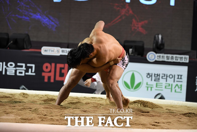 2020 홍성설날장사씨름대회가 23일 오전 충청남도 홍성군 홍주문화체육센터에서 열린 가운데 금강장사(90kg 이하) 예선전 중 한다복 선수(청샅바)가 잡채기 기술을 펼치고 있다. /홍성=임세준 기자