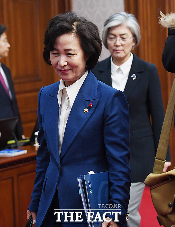 추미애 법무부 장관이 28일 오전 서울 종로구 정부서울청사 국무회의실에서 열린 국무회의에 참석하고 있다. /이새롬 기자