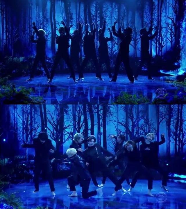 방탄소년단이 8일(현지시간) 미국 CBS 유명 토크쇼 더 레이트 레이트 쇼 위드 제임스 코든에 출연해 신곡 Black Swan 무대를 처음 공개했다. /방송캡처