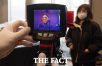 [TF포토] 신종 코로나 대비...체온 측정하는 취재진