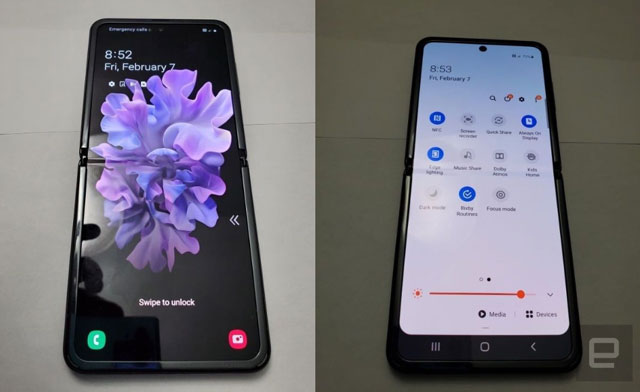 삼성전자는 이번 언팩에서 위아래로 접는 폴더블폰 갤럭시Z 플립을 공개한다. 사진은 갤럭시Z 플립 추정 이미지. /엔가젯 홈페이지 캡처