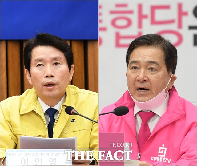 코로나19 사태 대응을 위한 추경안이 2월 임시국회 마지막 날인 17일까지도 여야 이견으로 접점을 찾지 못하고 있다. 당초 이날 오후 2시 국회 본회의에 추경안이 상정될 예정이었지만, 지연이 불가피한 상황이다. 이인영 더불어민주당 원내대표(왼쪽)와 심재철 미래통합당 원내대표. /국회=배정한 기자