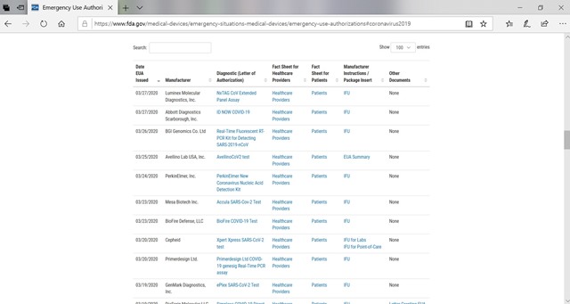 FDA 홈페이지의 코로나19 진단키트 긴급사용승인(EUA·Emergency Use Authorization) 허가 리스트에도 국내 업체는 포함돼있지 않고 있다. /FDA 홈페이지 캡쳐