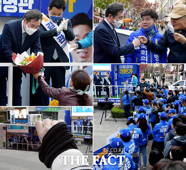 이낙연 더불어민주당 상임선대위원장이 8일 오후 경기도 성남시 분당구 수내역 인근에서 김병관 분당갑 국회의원 후보와 김병욱 분당을 국회의원 후보 지원 유세를 하고 있다. /성남=이선화 기자