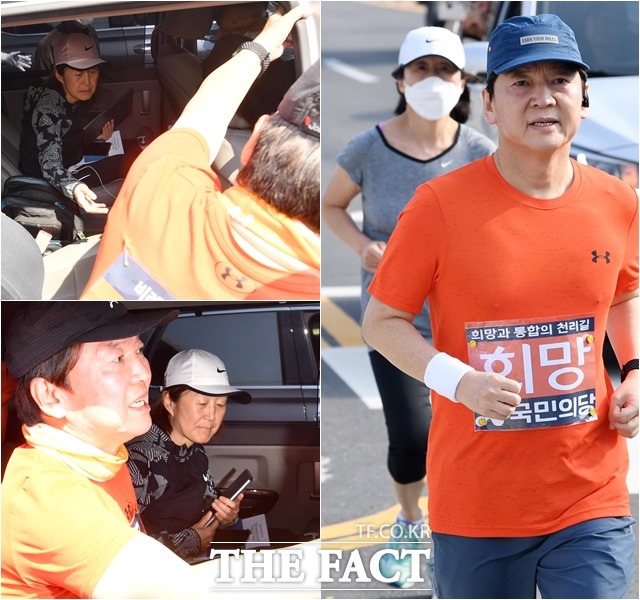 안철수 국민의당 대표가 14일 오후 400km 국토대종주의 마지막 장소인 서울 종로구 광화문광장에 도착해 대국민 발표를 마친 후 배우자인 김미경 교수와 함께 차량에 탑승하고 있다. 김미경 교수는 이날 안 대표와 함께 광화문광장까지 달리진 않았지만 차량에서 안 대표를 기다리고 있었다. 오른쪽은 안 대표가 종주를 시작한 첫 날 전남 여수 소라면 일대를 함께 달리는 안 대표와 김 교수의 모습. /남윤호 기자