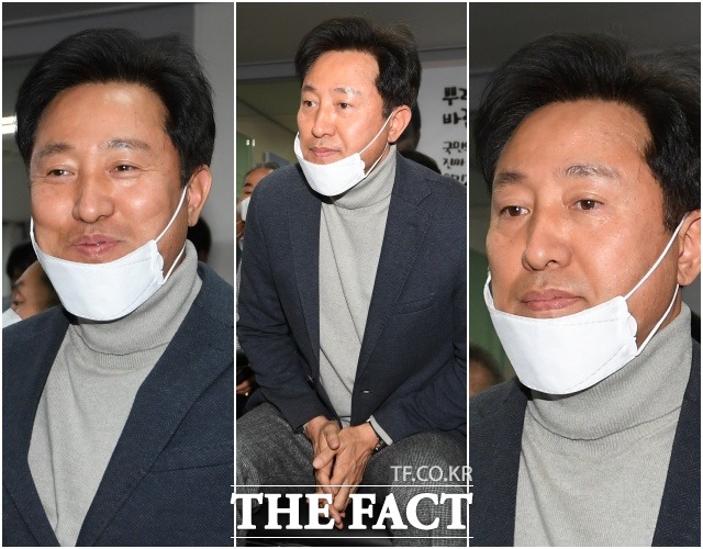 제 21대 국회의원 선거일인 15일 오후 6시 15분 투표가 종료된 가운데, 광진을에 출마한 오세훈 미래통합당 후보가 서울 광진구 선거사무소를 찾아 방송사의 출구 조사 결과를 지켜보고 있다. /이새롬 기자