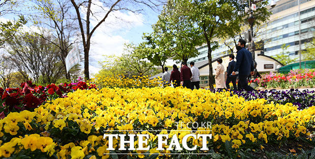 화창한 날씨를 보인 21일 오후 서울 영등포구 여의도공원을 찾은 직장인들이 점심시간을 이용해 봄기운을 만끽하고 있다. /이동률 기자