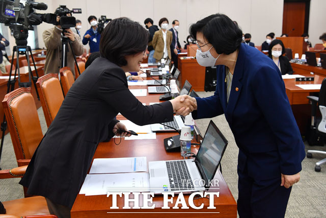 김현아 의원과 악수하는 이정옥 장관