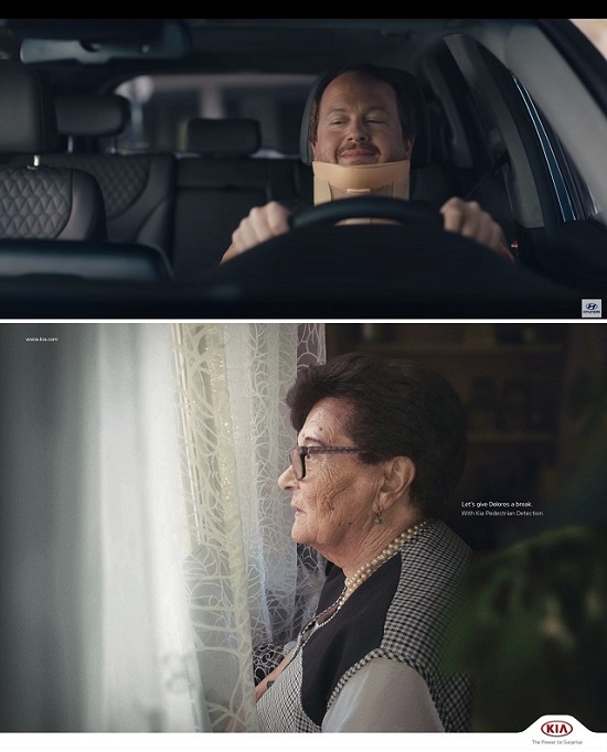 현대차의 디지털 광고 리어 뷰 모니터(위쪽)와 기아차 독일판매법인의 지면 광고 그래니스는 영상 부문과 인쇄 부문에서 각각 동상을 받았다. /각사 제공