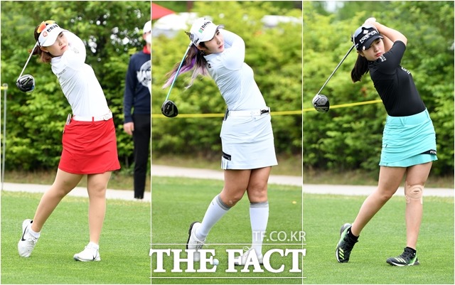 임희정과 배선우, 박현경(왼쪽부터)이 17일 오전 경기도 양주시 레이크우드CC에서 열린 제42회 KLPGA 챔피언십 4라운드 경기에 참석해 경기를 펼치고 있다. /양주=임세준 기자