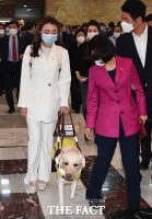 [TF포토] 안내견과 함께 본회의장 들어서는 김예지 의원