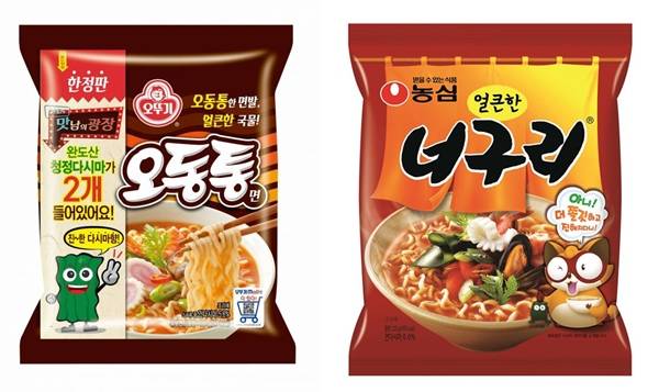 오뚜기와 농심은 매년 완도에서 각각 오동통면(왼쪽)과 너구리에 들어가는 다시마를 구매하고 있다. /오뚜기, 농심 제공