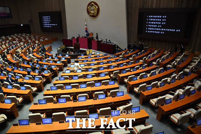 15일 오후 서울 여의도 국회 본회의장에서 미래통합당 의원들이 국회 법제사법위원장 외 5개 상임위 표결에 불참한 가운데 6개 상임위원장에 대한 표결이 진행되고 있다. /국회=남윤호 기자